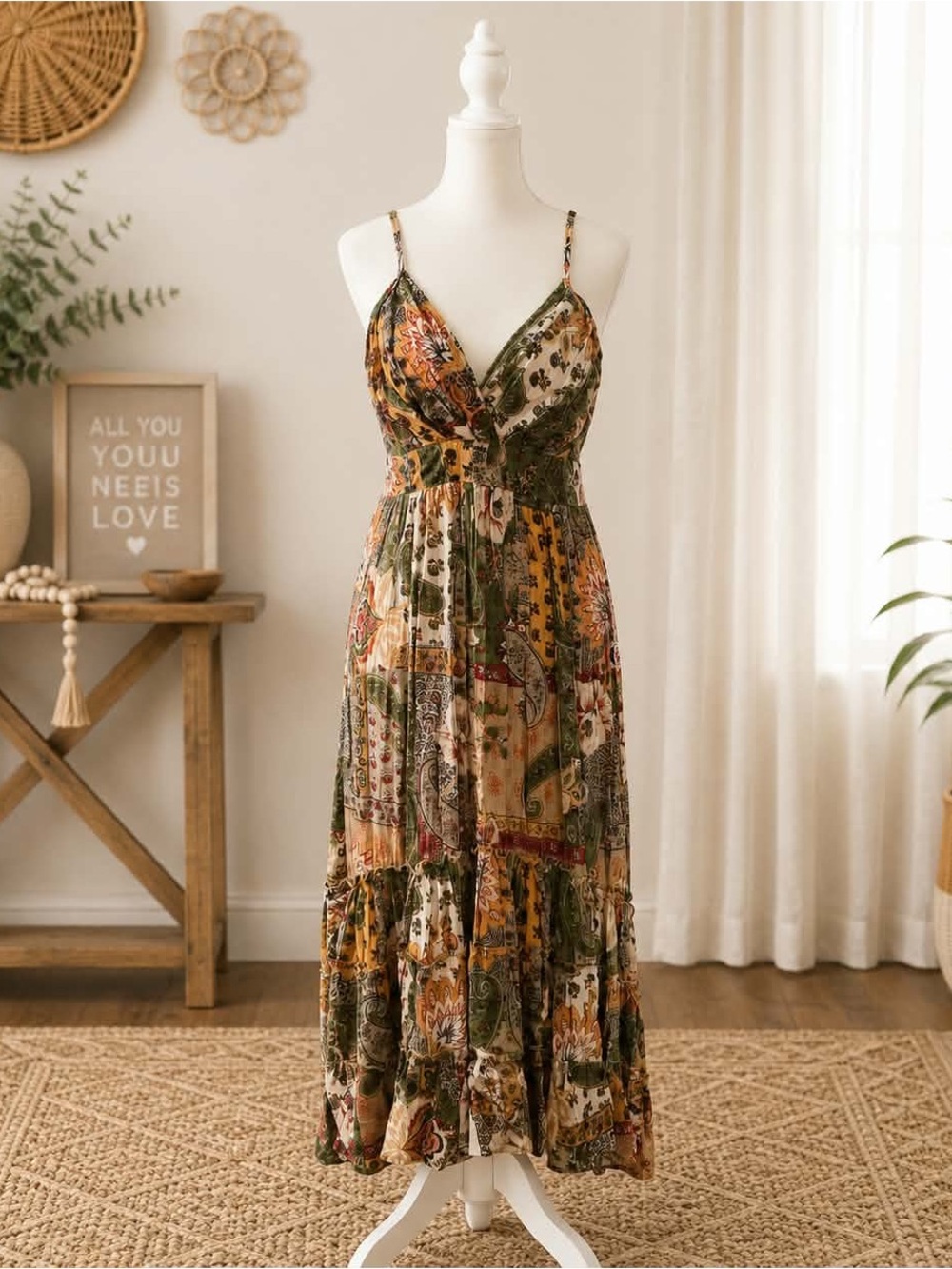 Angie Boho Patchwork Maxi Dress in Olive, Mustard & Cream